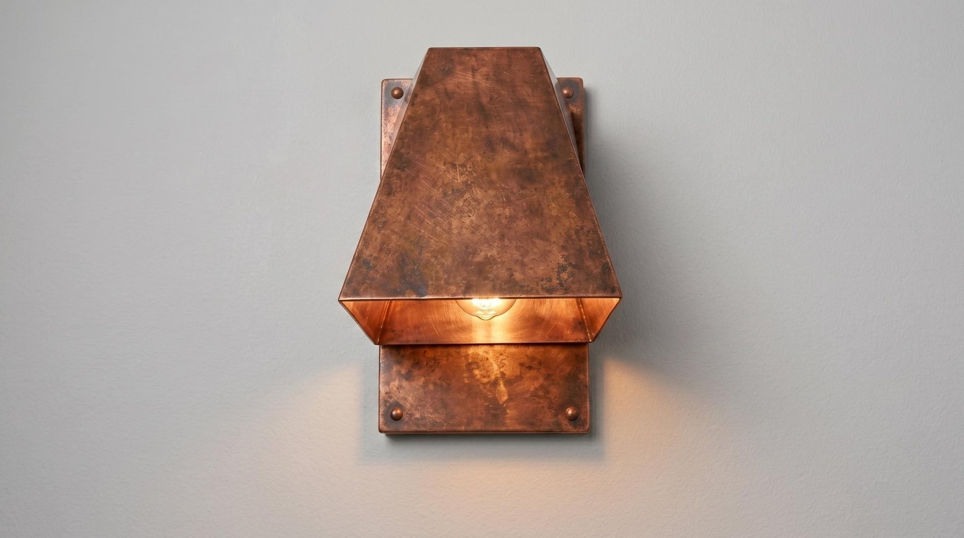 Antique Copper Outdoor Wall Sconce, Geometric Copper Wall Lamp, Industrial Exterior Lighting, Mid Century Modern Indoor Sconce - Mettlemix