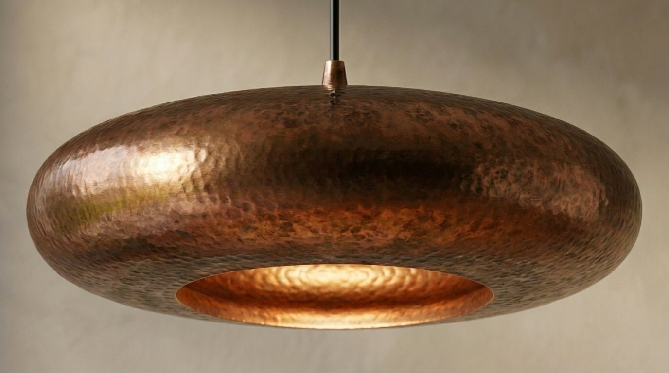 Antique Copper Oxidized Pendant Light - Hand Hammered Saucer Hanging - Mettlemix
