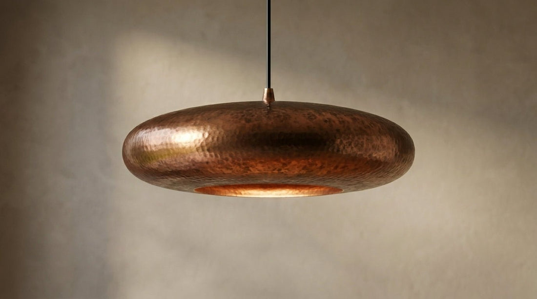 Antique Copper Oxidized Pendant Light - Hand Hammered Saucer Hanging - Mettlemix