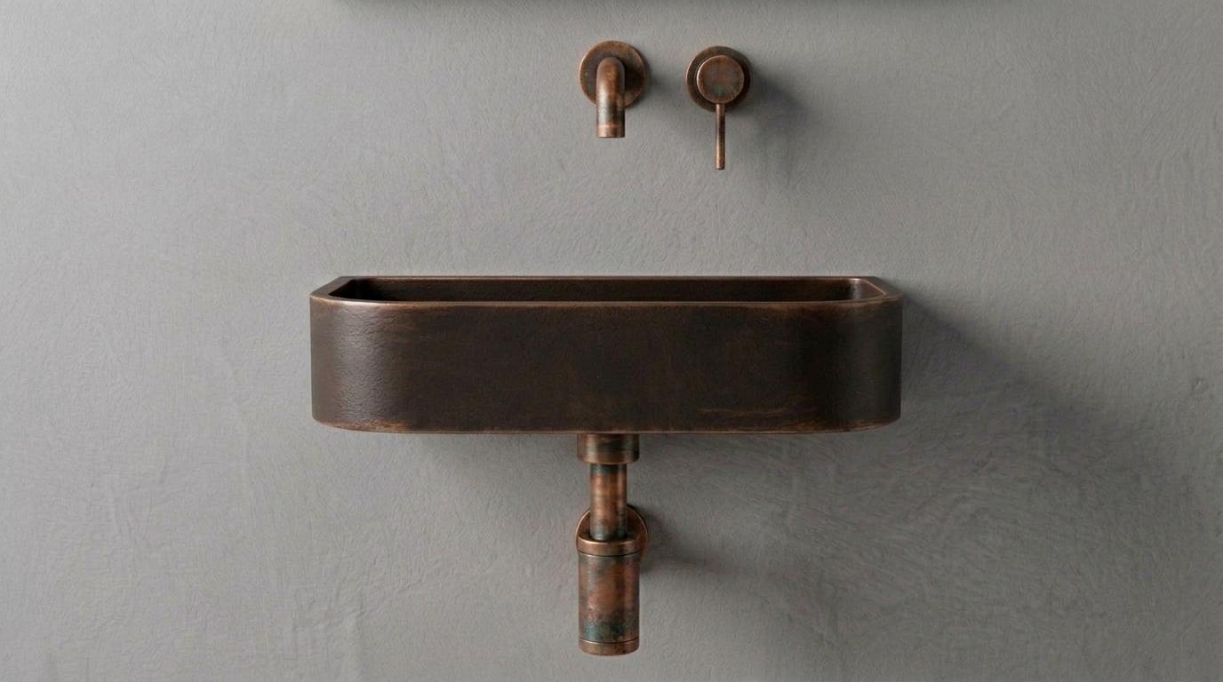 Antique Dark Copper Sink, Wall Mount Smooth Basin - Oil Rubbed Floating Washbasin, Wabi Sabi Bathroom Sink, Smooth Powder Room Sink - Mettlemix