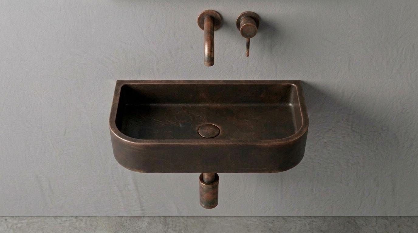 Antique Dark Copper Sink, Wall Mount Smooth Basin - Oil Rubbed Floating Washbasin, Wabi Sabi Bathroom Sink, Smooth Powder Room Sink - Mettlemix