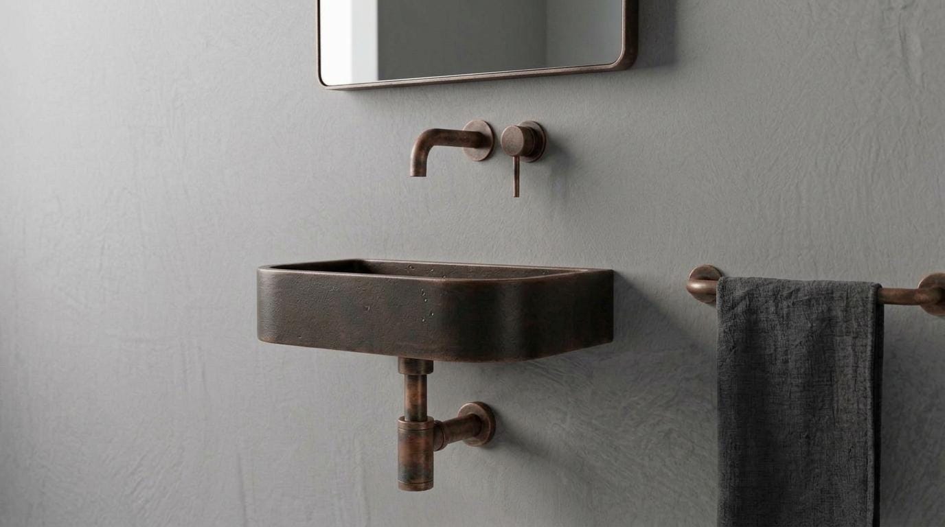 Antique Dark Copper Sink, Wall Mount Smooth Basin - Oil Rubbed Floating Washbasin, Wabi Sabi Bathroom Sink, Smooth Powder Room Sink - Mettlemix