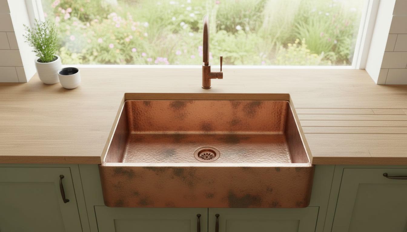 Apron Front Antique Copper Kitchen Basin - Hand-Hammered Vessel Sink - Mettlemix