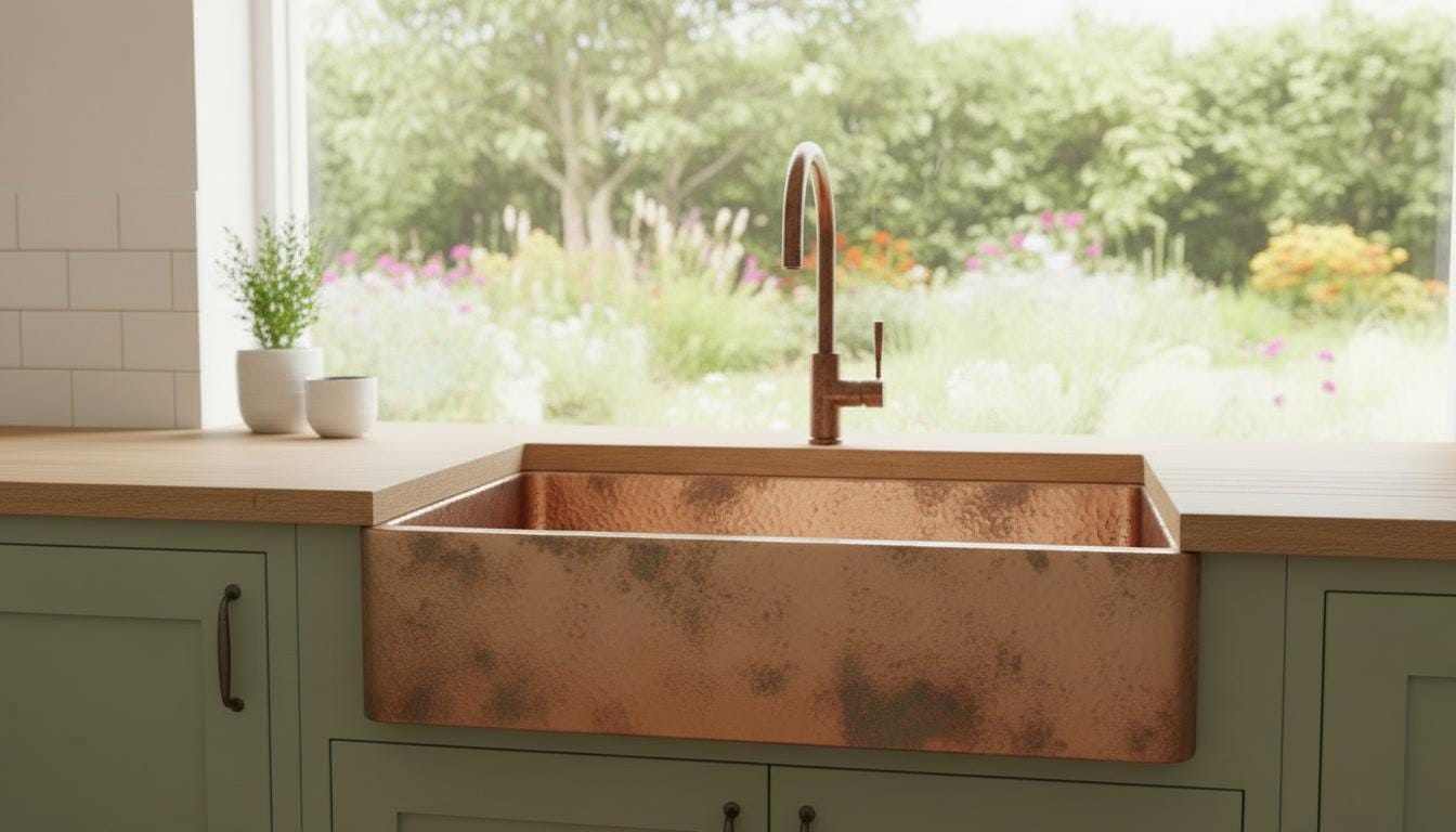 Apron Front Antique Copper Kitchen Basin - Hand-Hammered Vessel Sink - Mettlemix