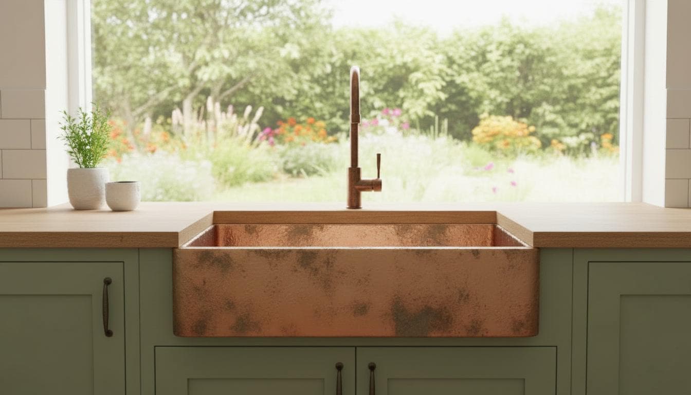 Apron Front Antique Copper Kitchen Basin - Hand-Hammered Vessel Sink - Mettlemix
