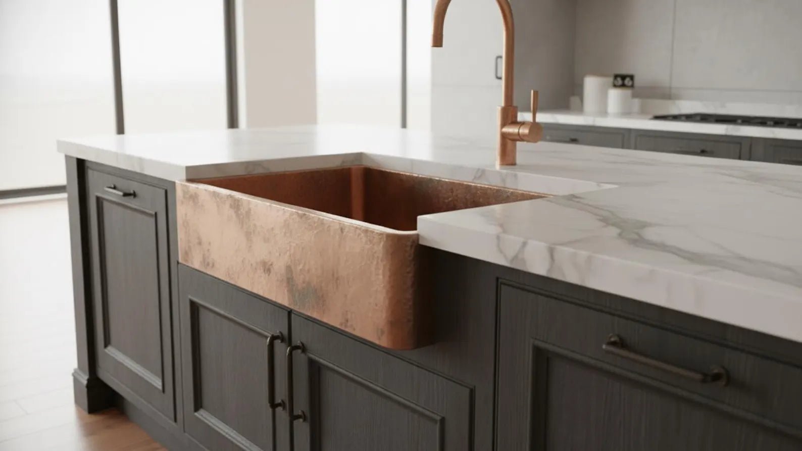 Apron Front Antique Copper Kitchen Basin - Hand-Hammered Vessel Sink - Mettlemix
