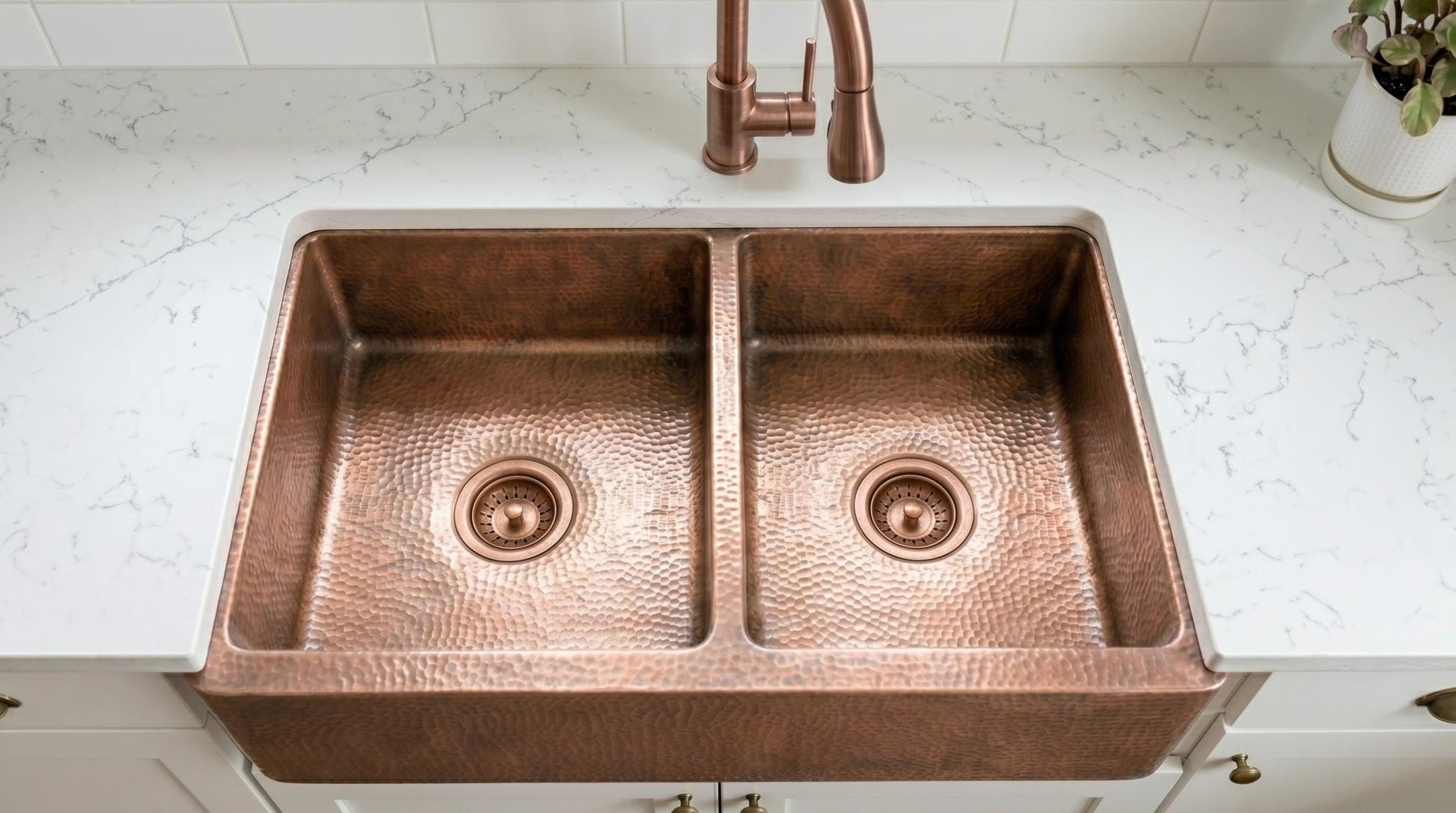 Artisan Antique Copper Kitchen Sink - Hand Hammered Double Bowl Farmhouse Basin - Rustic Apron Front Copper Sink - Mettlemix