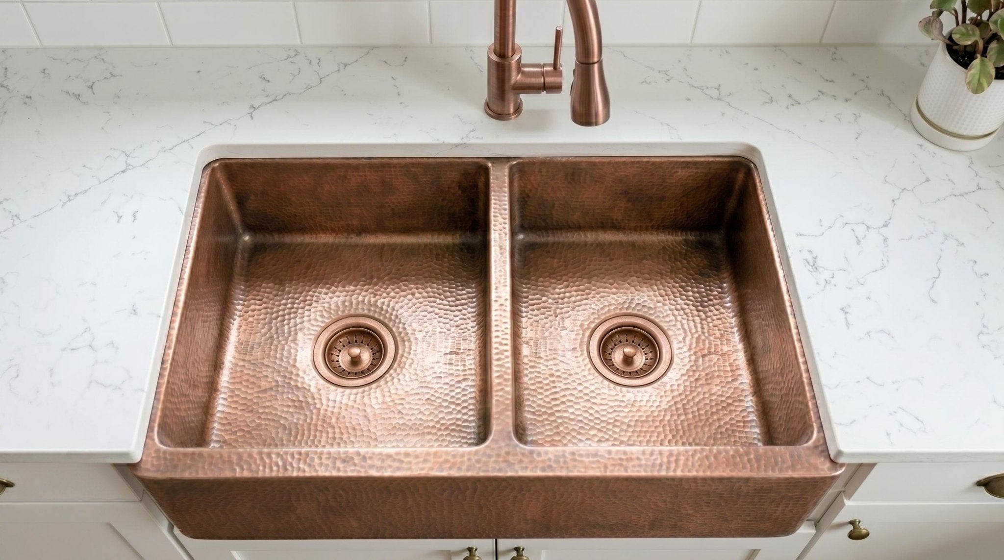 Artisan Antique Copper Kitchen Sink - Hand Hammered Double Bowl Farmhouse Basin - Rustic Apron Front Copper Sink - Mettlemix