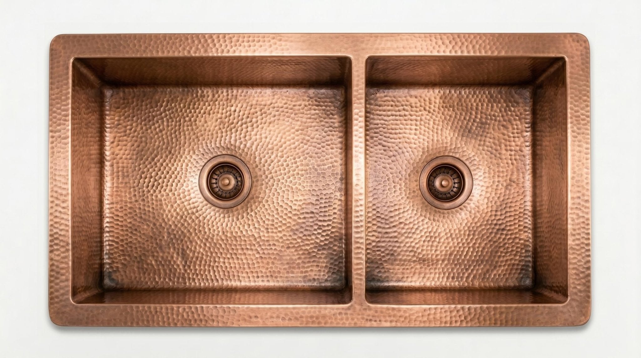 Artisan Antique Copper Kitchen Sink - Hand Hammered Double Bowl Farmhouse Basin - Rustic Apron Front Copper Sink - Mettlemix