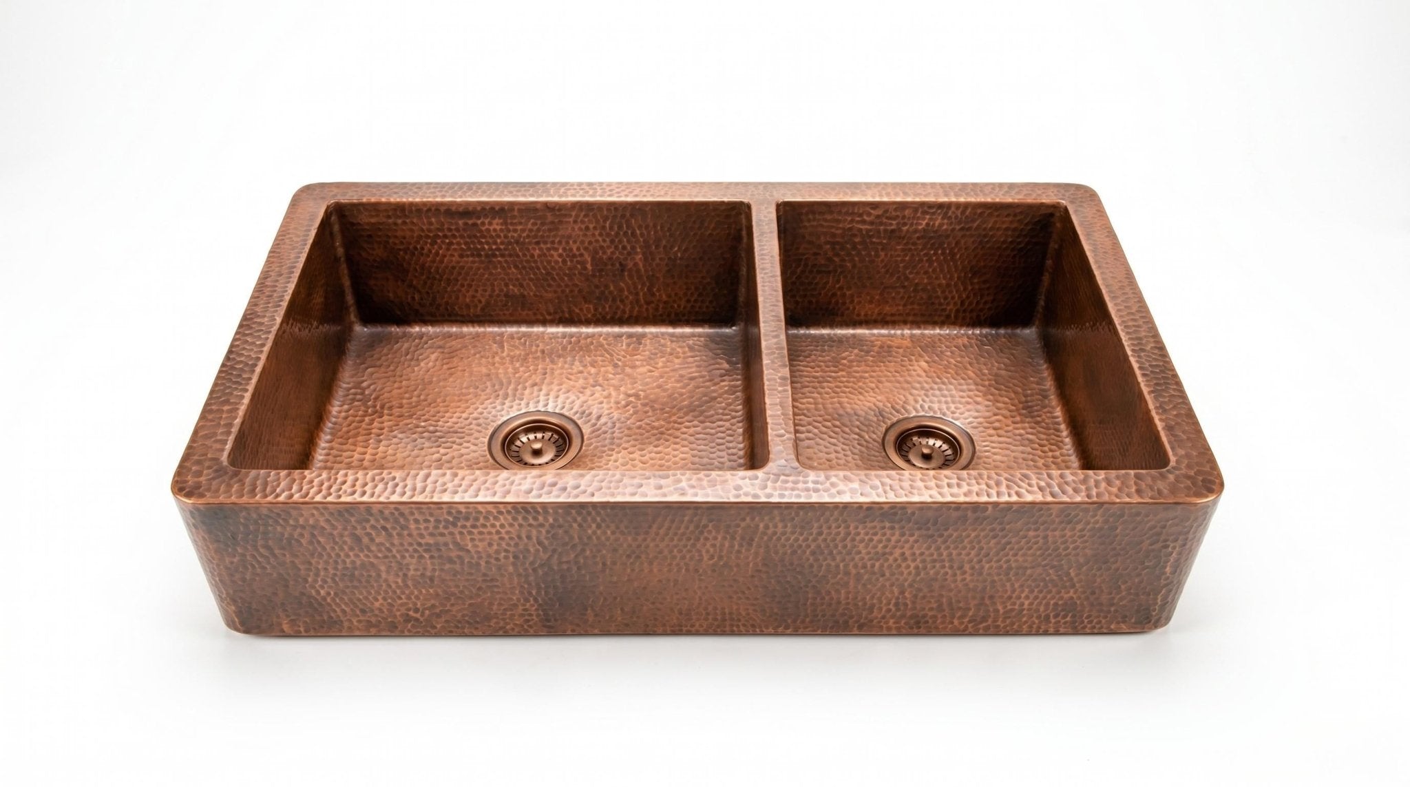 Artisan Antique Copper Kitchen Sink - Hand Hammered Double Bowl Farmhouse Basin - Rustic Apron Front Copper Sink - Mettlemix