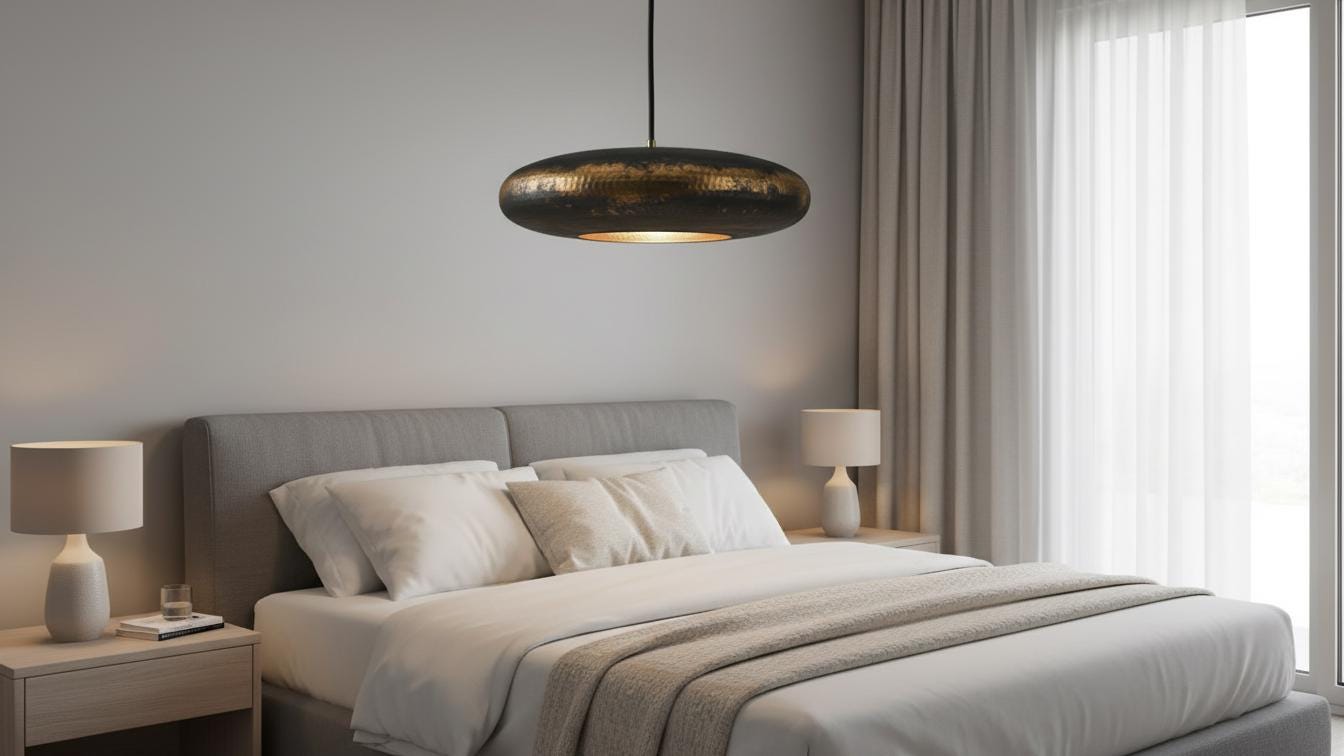 Black Patina Brass Pendant Light - Hammered Saucer Hanging Lamp - Mettlemix