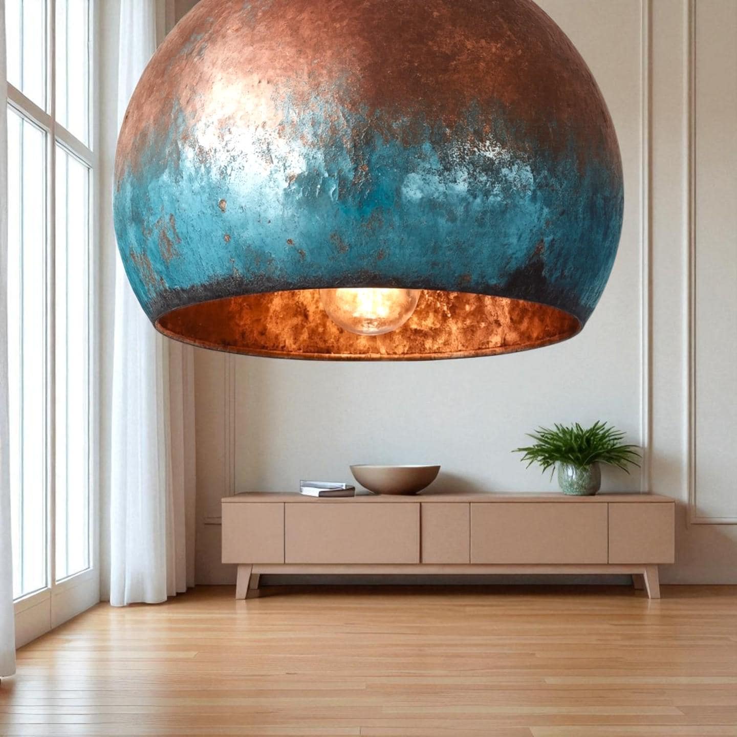 Blue Patina Copper Pendant Light: Handmade Hammered Dome Lamp - Mettlemix