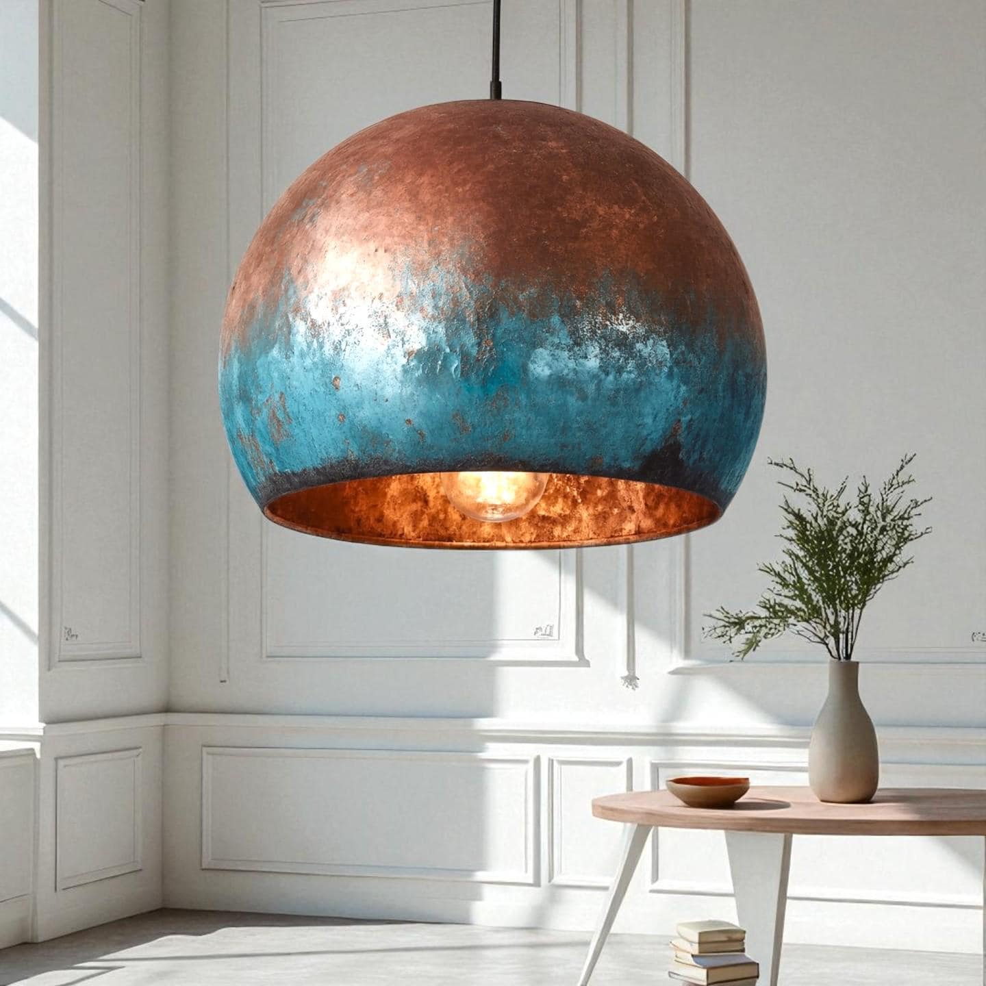 Blue Patina Copper Pendant Light: Handmade Hammered Dome Lamp - Mettlemix