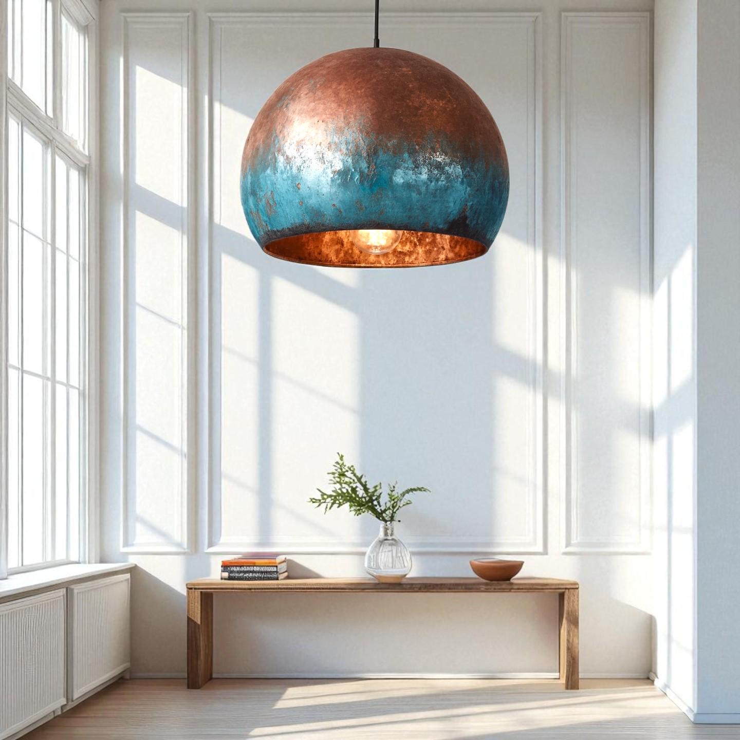 Blue Patina Copper Pendant Light: Handmade Hammered Dome Lamp - Mettlemix