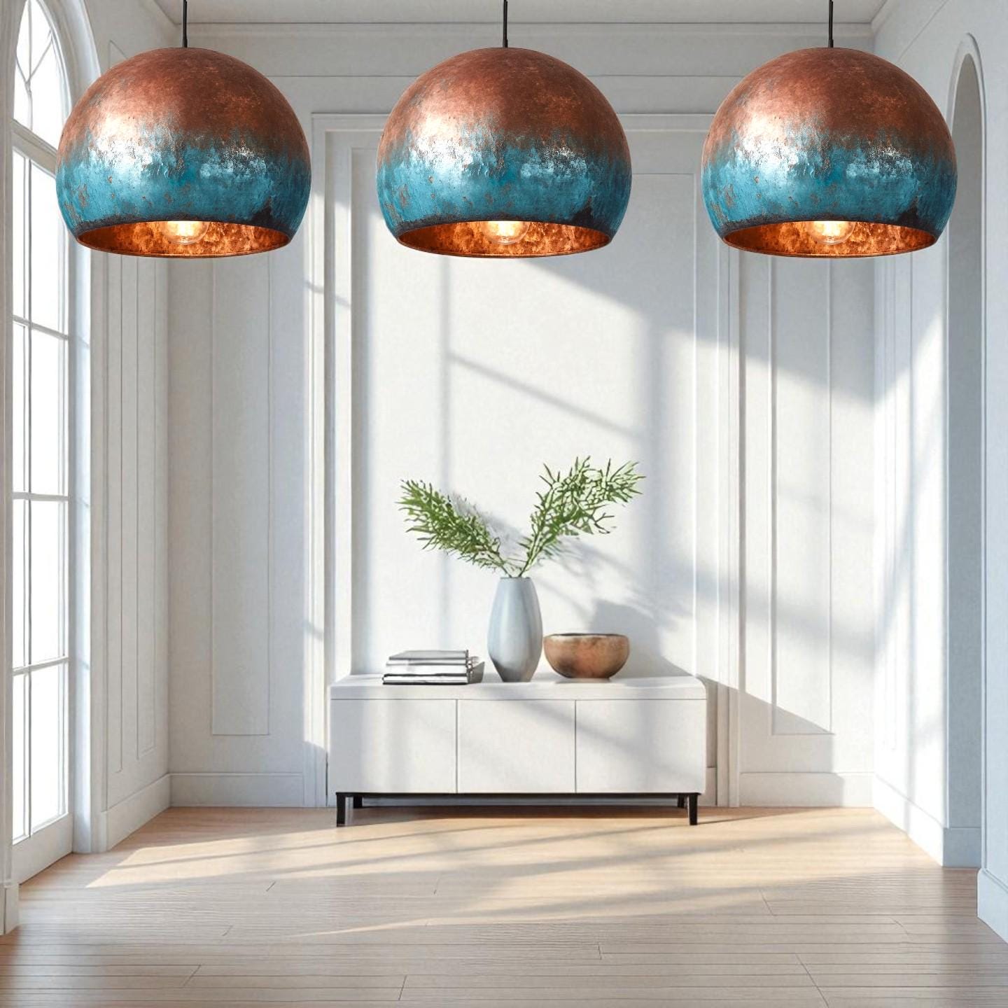 Blue Patina Copper Pendant Light: Handmade Hammered Dome Lamp - Mettlemix