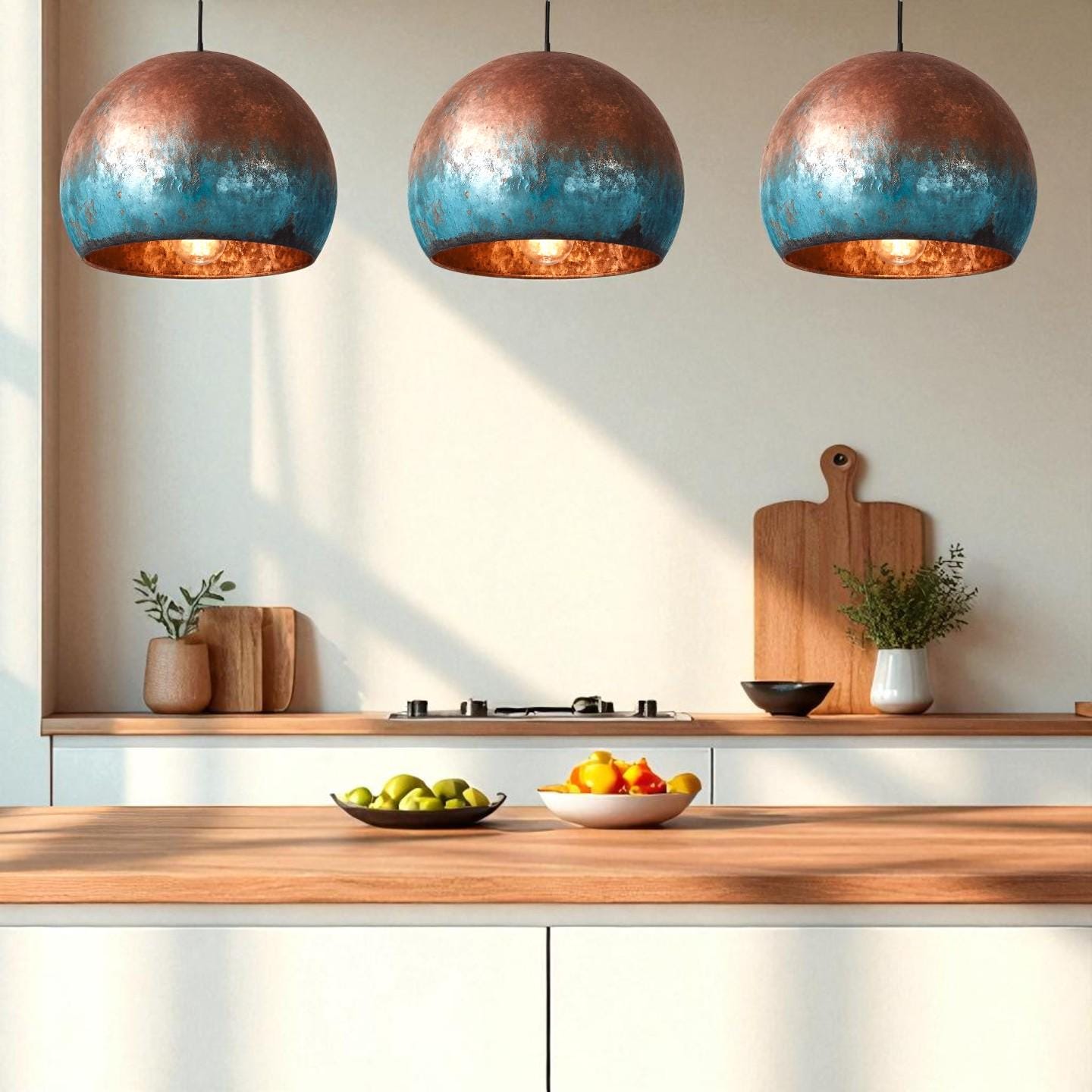 Blue Patina Copper Pendant Light: Handmade Hammered Dome Lamp - Mettlemix