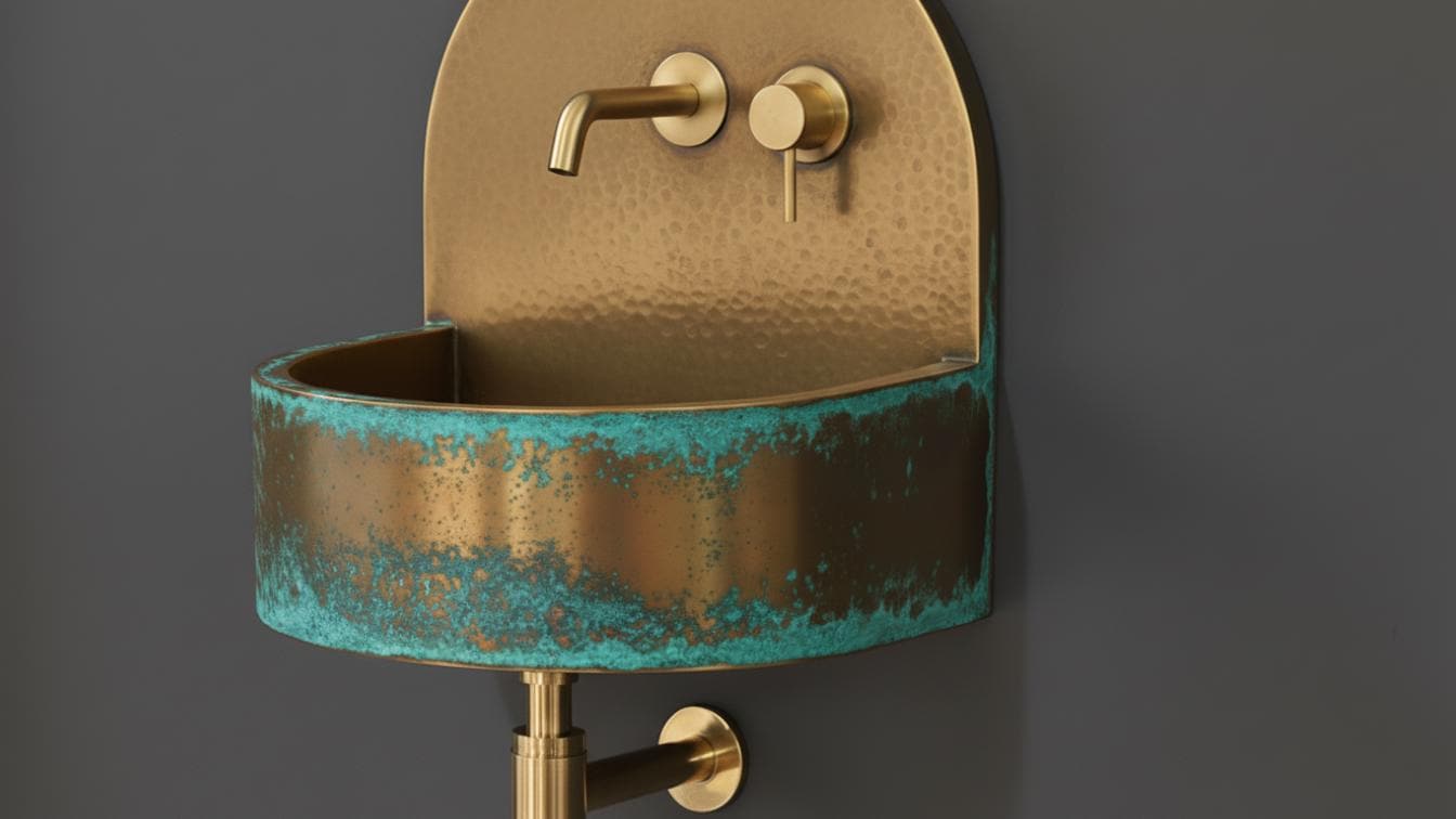 Blue Verdigris Patina Brass Wall Sink - Hand - Hammered Basin - Mettlemix