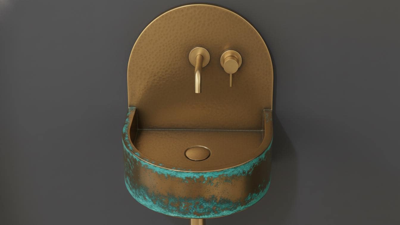 Blue Verdigris Patina Brass Wall Sink - Hand - Hammered Basin - Mettlemix