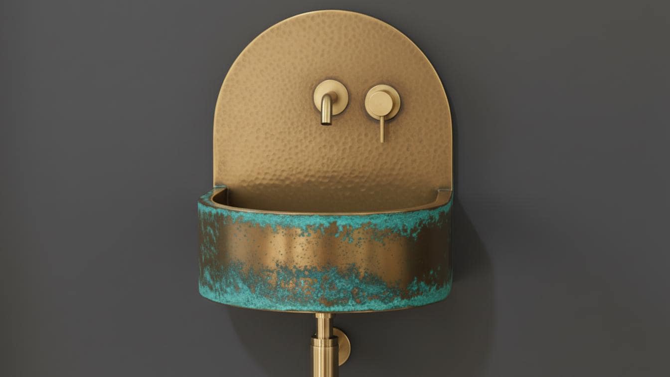 Blue Verdigris Patina Brass Wall Sink - Hand - Hammered Basin - Mettlemix