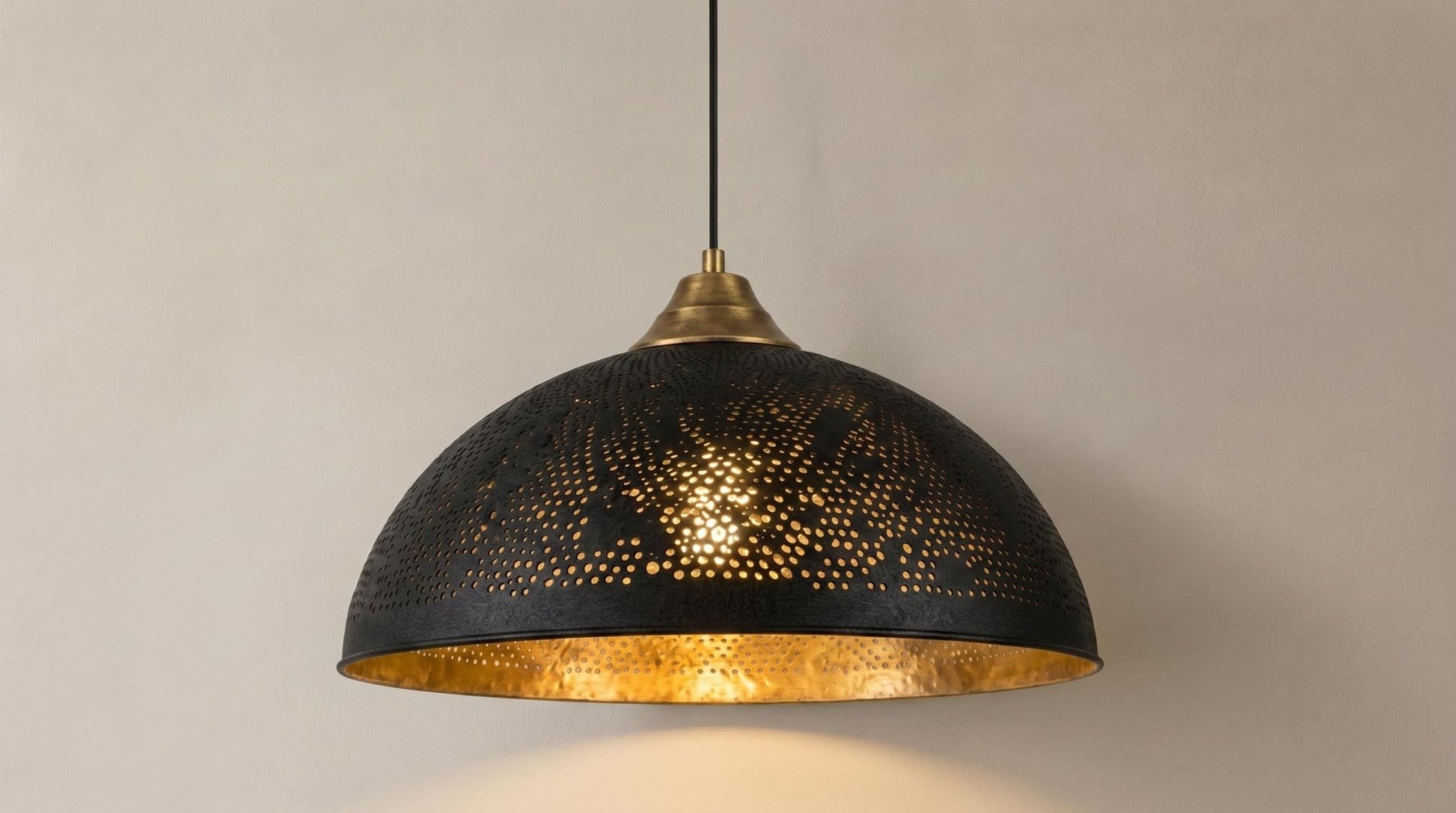 Brass Dome Ceiling Lamp, Handmade Perforated Kitchen Island Fixture, Two Tone Black Gold Pendant Light, Moody Modern Boho Hanging Light - Mettlemix