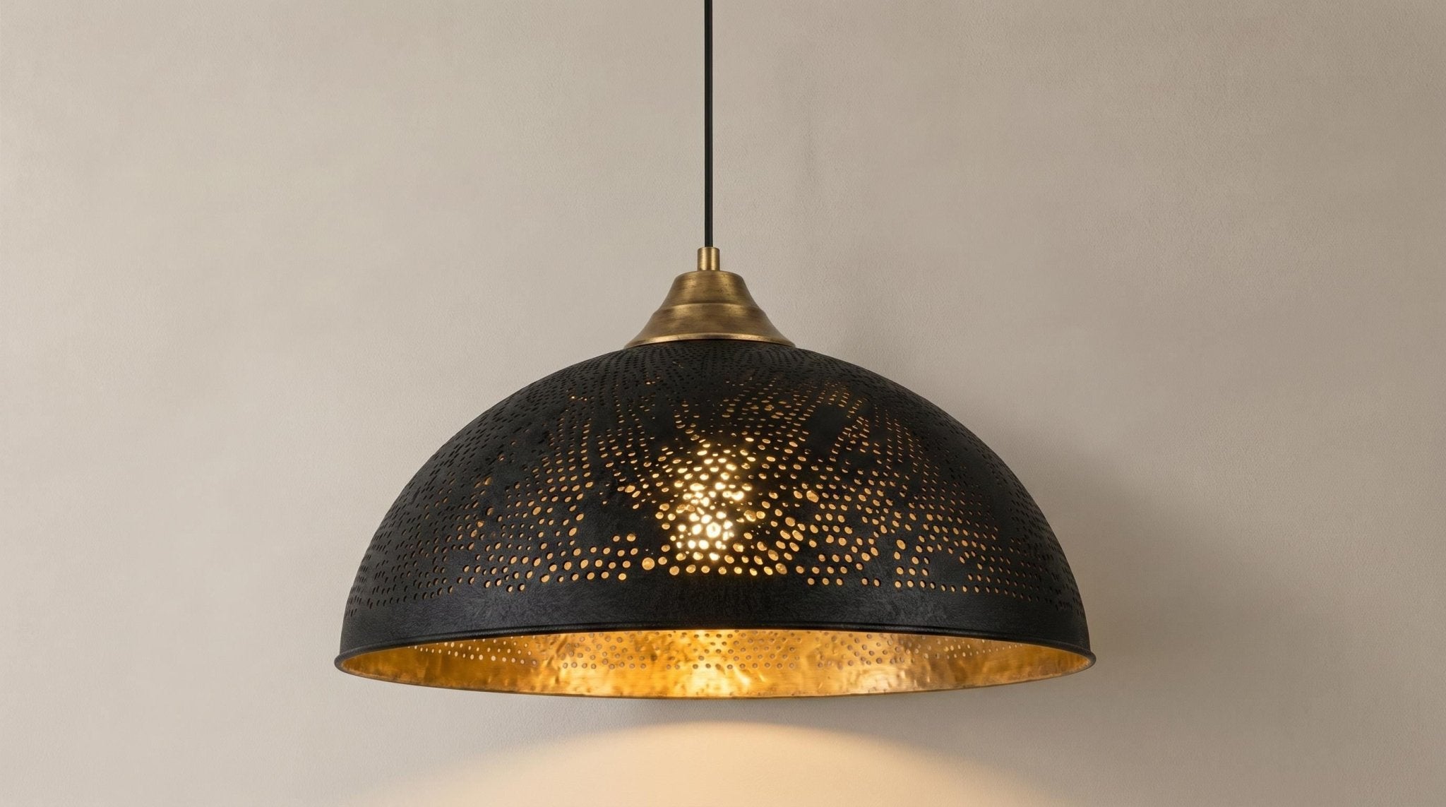 Brass Dome Ceiling Lamp, Handmade Perforated Kitchen Island Fixture, Two Tone Black Gold Pendant Light, Moody Modern Boho Hanging Light - Mettlemix