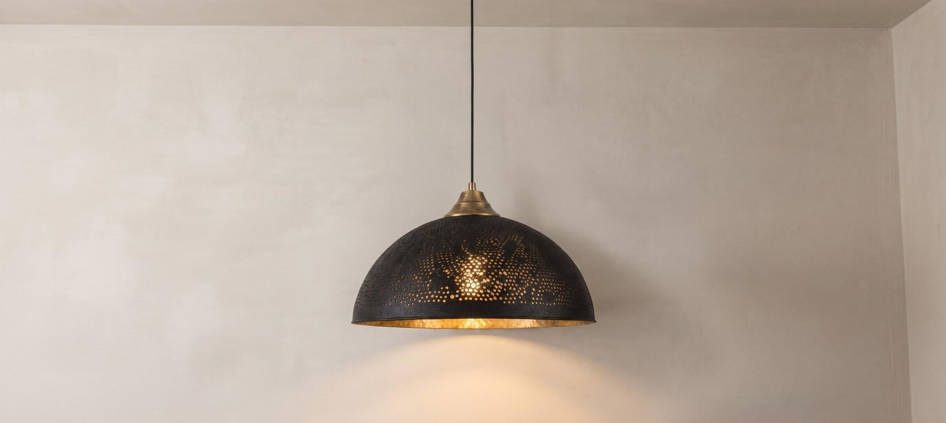 Brass Dome Ceiling Lamp, Handmade Perforated Kitchen Island Fixture, Two Tone Black Gold Pendant Light, Moody Modern Boho Hanging Light - Mettlemix