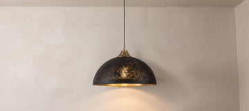 Brass Dome Ceiling Lamp, Handmade Perforated Kitchen Island Fixture, Two Tone Black Gold Pendant Light, Moody Modern Boho Hanging Light - Mettlemix
