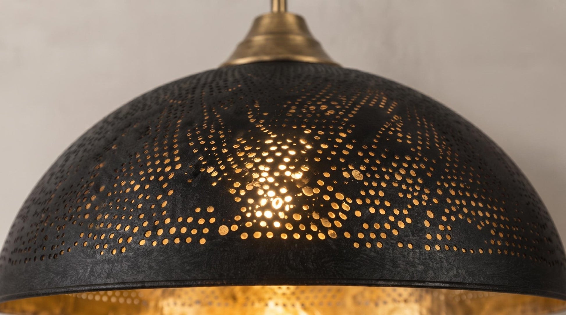 Brass Dome Ceiling Lamp, Handmade Perforated Kitchen Island Fixture, Two Tone Black Gold Pendant Light, Moody Modern Boho Hanging Light - Mettlemix