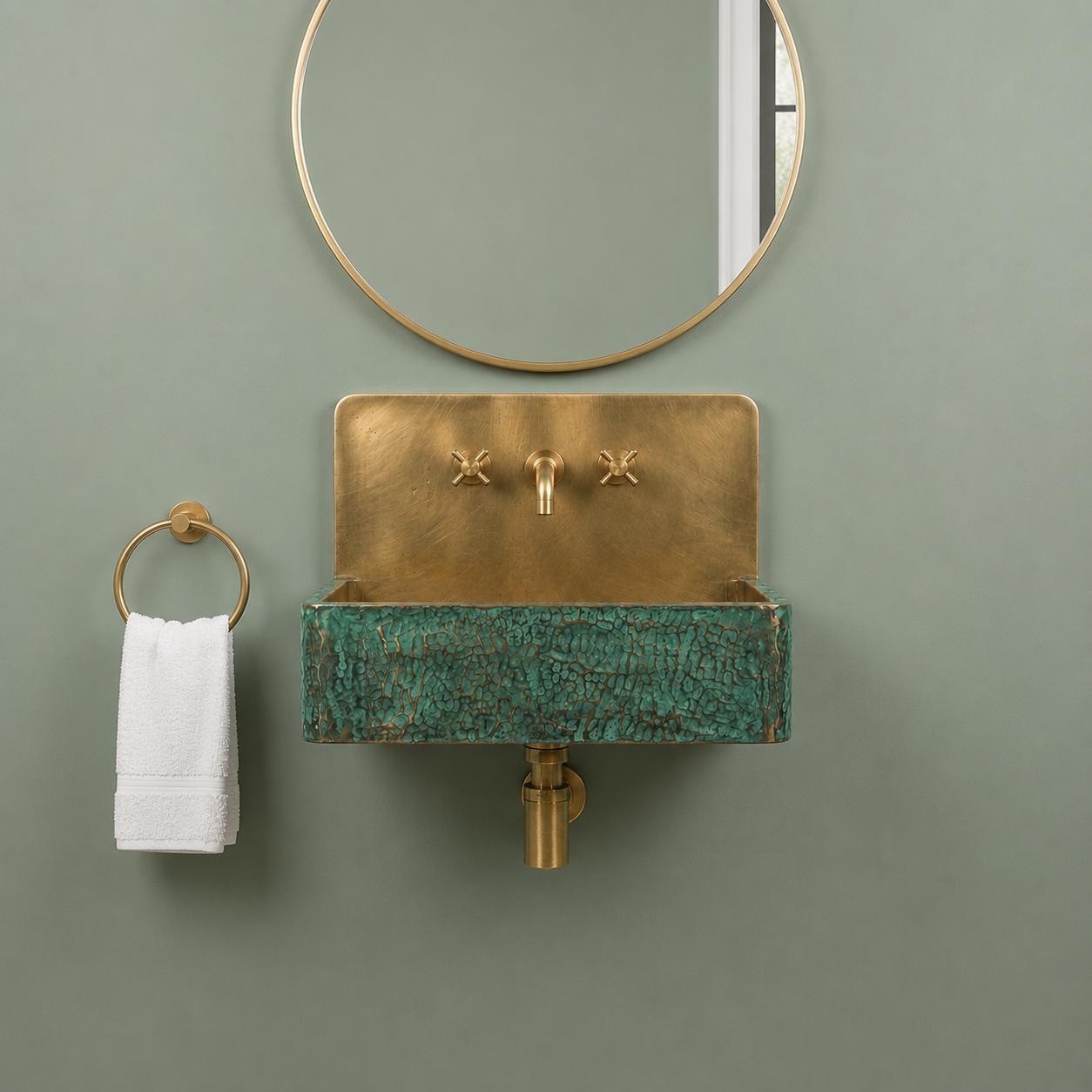 Brass Floating Sink with Green Patina, Smooth Rectangular Wall Mounted Washbasin, Vintage Industrial Rustic Vanity - Mettlemix