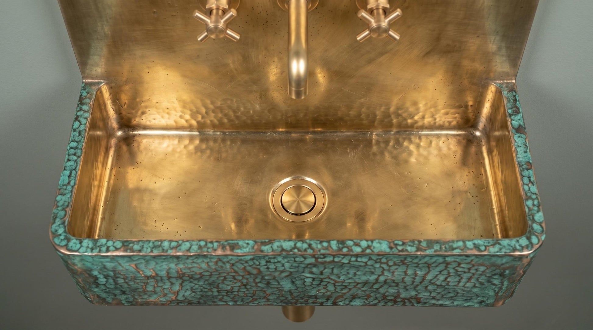 Brass Floating Sink with Green Patina, Smooth Rectangular Wall Mounted Washbasin, Vintage Industrial Rustic Vanity - Mettlemix