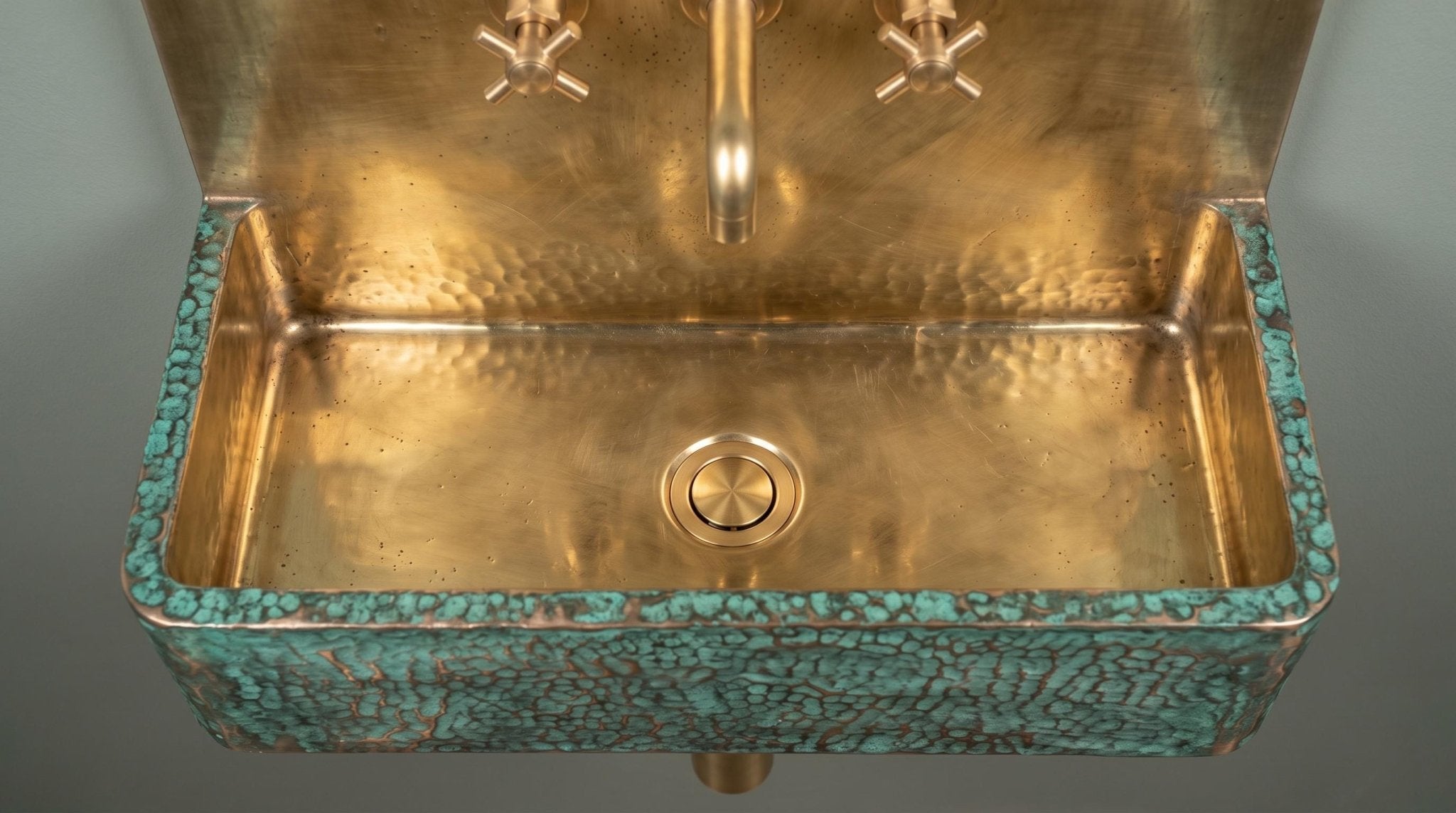 Brass Floating Sink with Green Patina, Smooth Rectangular Wall Mounted Washbasin, Vintage Industrial Rustic Vanity - Mettlemix