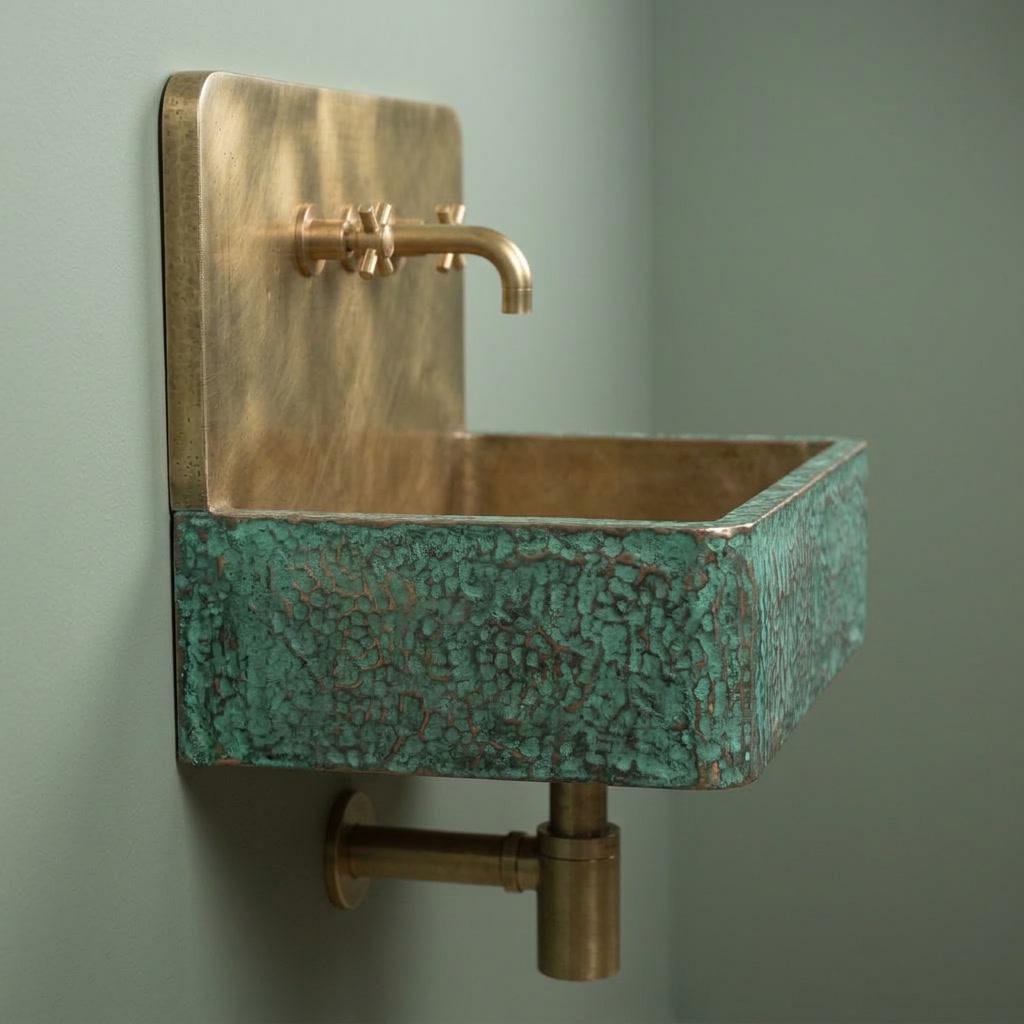 Brass Floating Sink with Green Patina, Smooth Rectangular Wall Mounted Washbasin, Vintage Industrial Rustic Vanity - Mettlemix