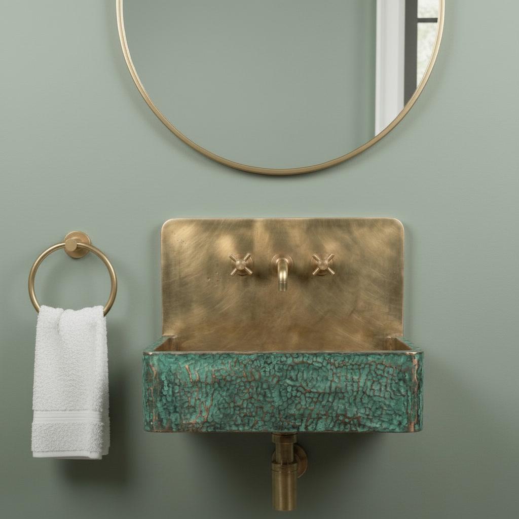 Brass Floating Sink with Green Patina, Smooth Rectangular Wall Mounted Washbasin, Vintage Industrial Rustic Vanity - Mettlemix