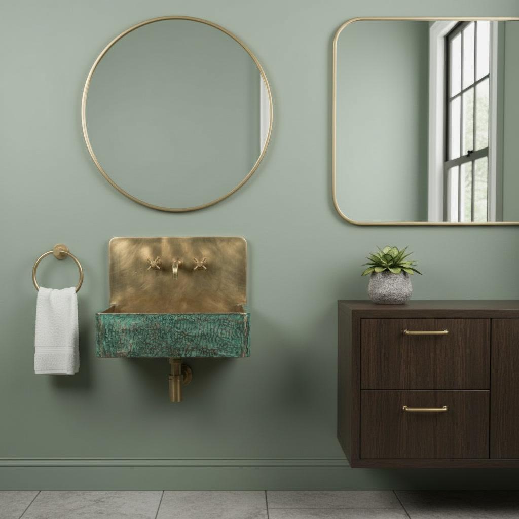 Brass Floating Sink with Green Patina, Smooth Rectangular Wall Mounted Washbasin, Vintage Industrial Rustic Vanity - Mettlemix