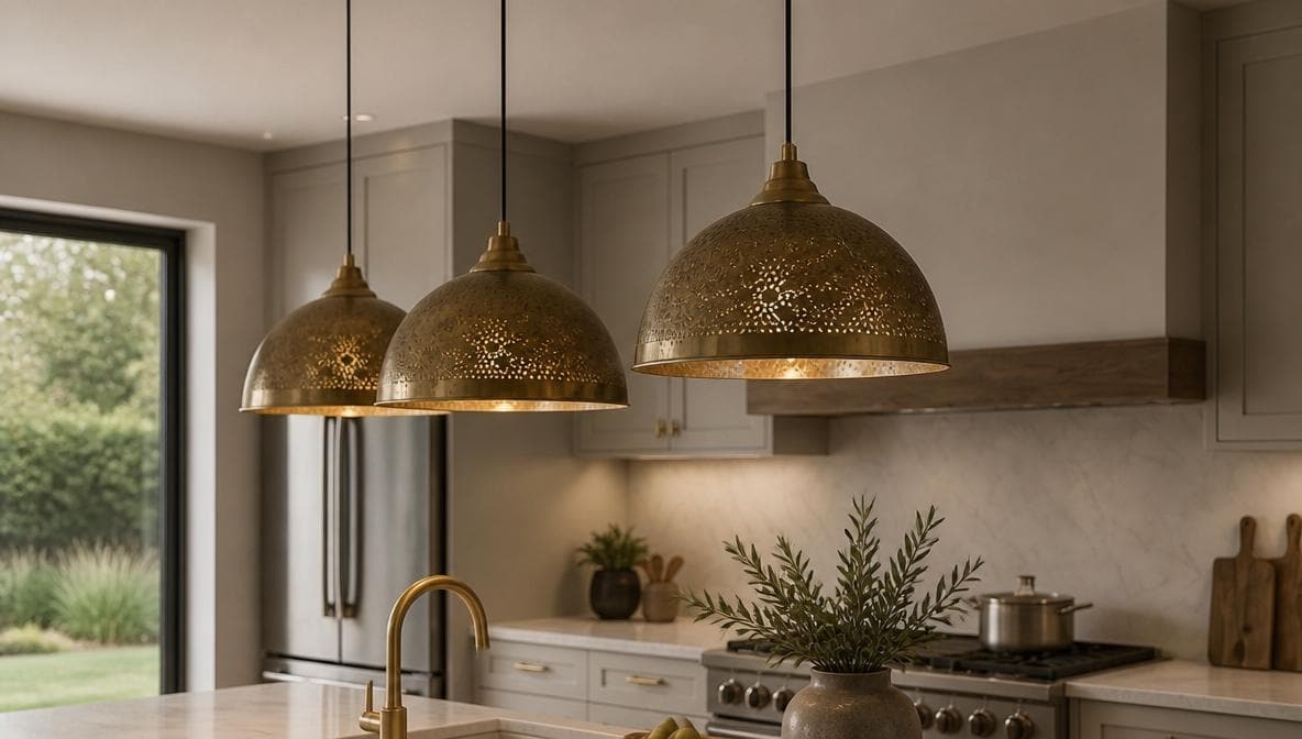 Brass Pendant Light, Antique Dome Lamp, Handmade Perforated Ceiling Fixture, Kitchen Island & Bedroom Lighting, Boho Home Deco - Mettlemix