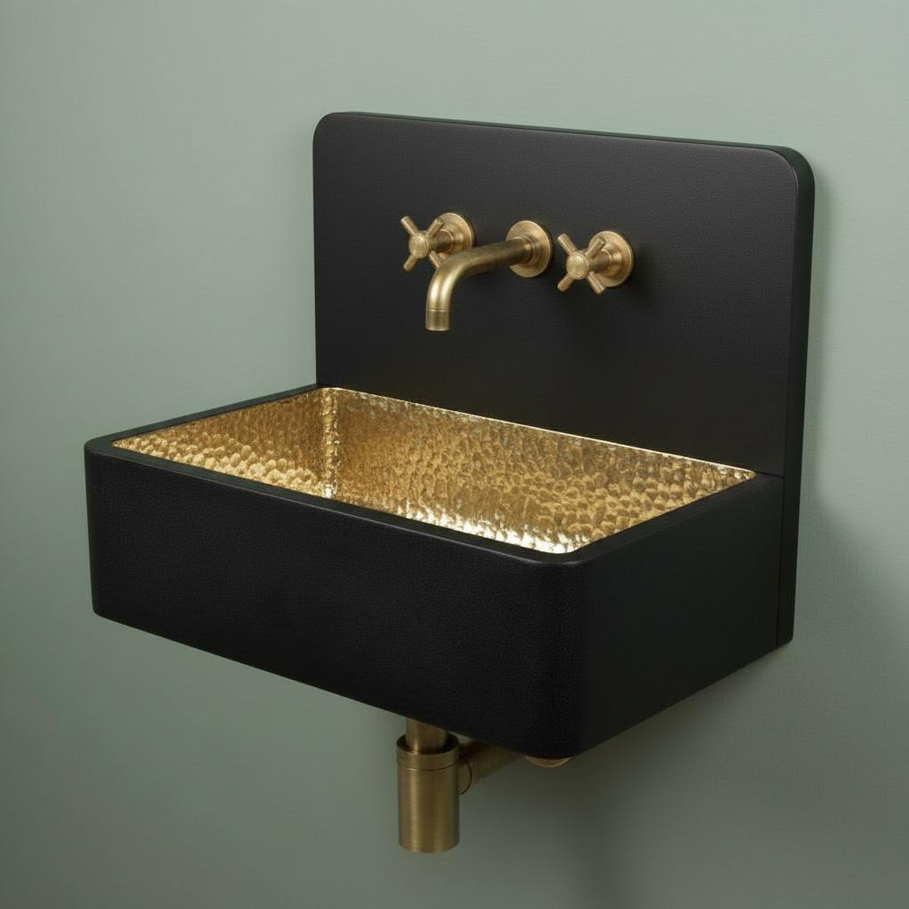 Brass Sink, Black Wall Mounted Basin, Floating Rectangular Washbasin, Hammered Brass Vanity Bowl, Industrial Sink - Mettlemix