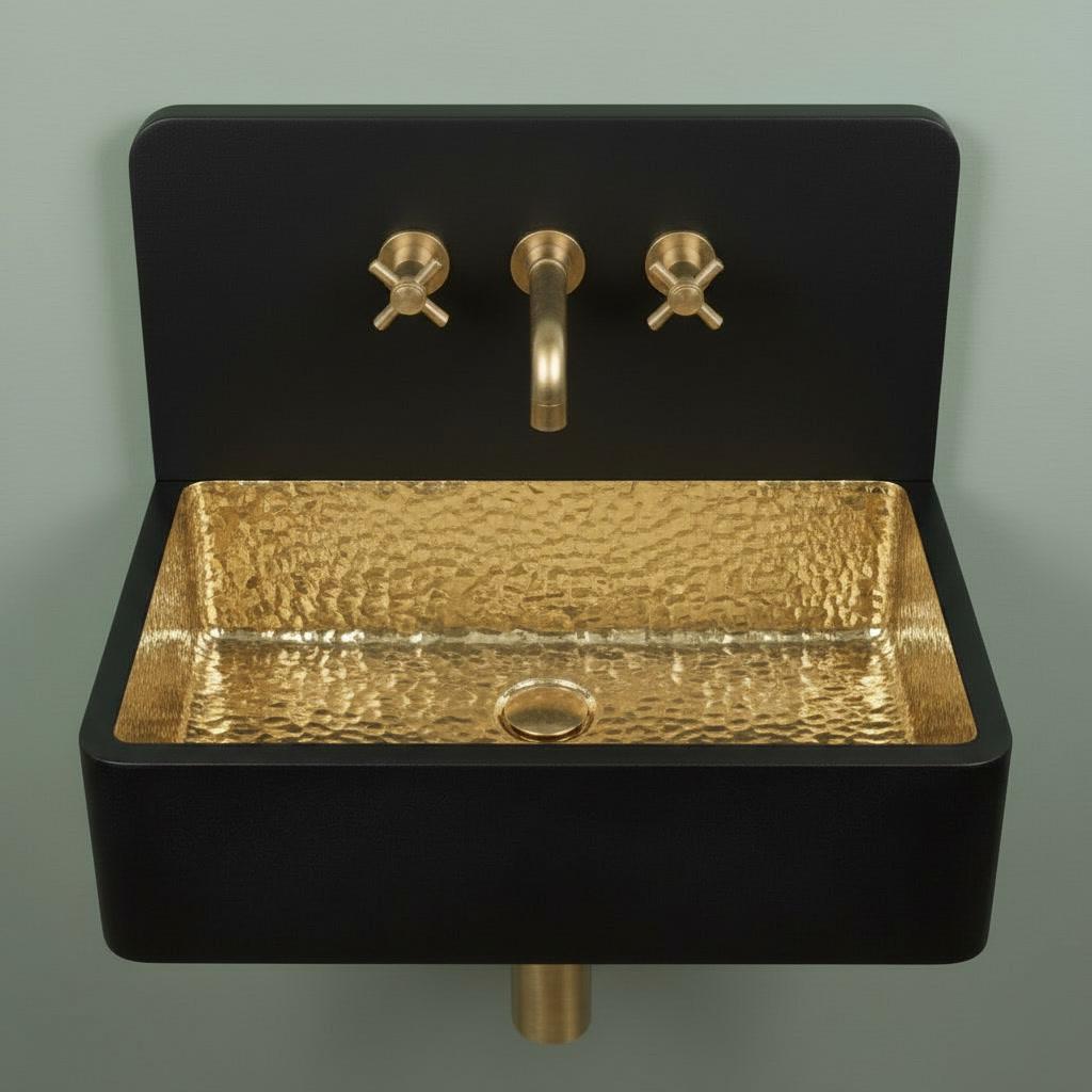 Brass Sink, Black Wall Mounted Basin, Floating Rectangular Washbasin, Hammered Brass Vanity Bowl, Industrial Sink - Mettlemix
