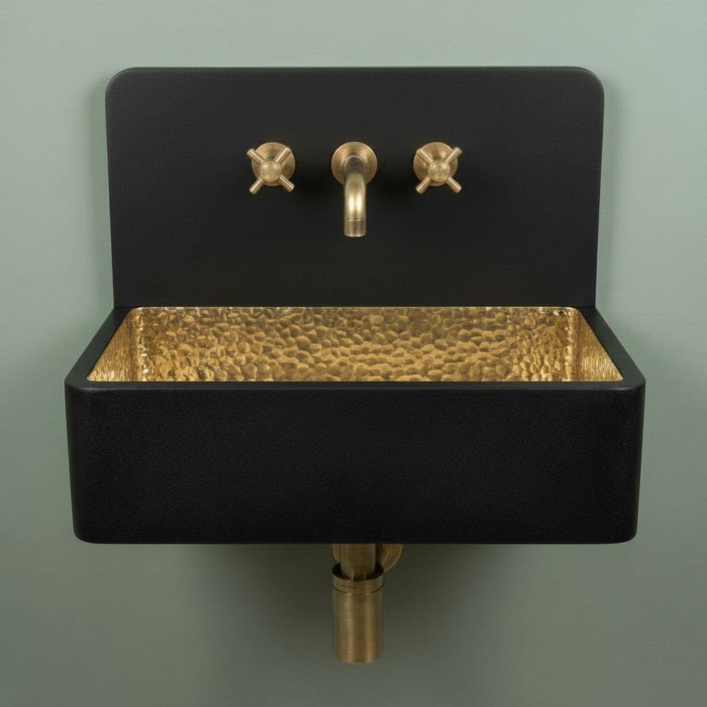 Brass Sink, Black Wall Mounted Basin, Floating Rectangular Washbasin, Hammered Brass Vanity Bowl, Industrial Sink - Mettlemix