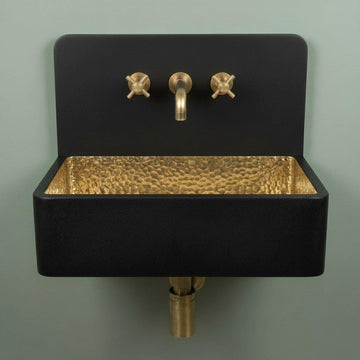 Brass Sink, Black Wall Mounted Basin, Floating Rectangular Washbasin, Hammered Brass Vanity Bowl, Industrial Sink - Mettlemix