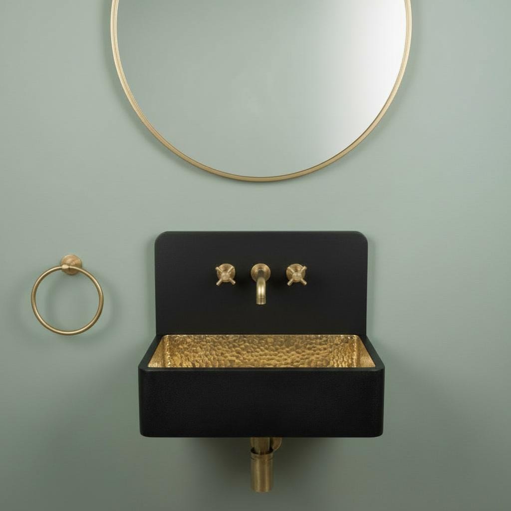 Brass Sink, Black Wall Mounted Basin, Floating Rectangular Washbasin, Hammered Brass Vanity Bowl, Industrial Sink - Mettlemix