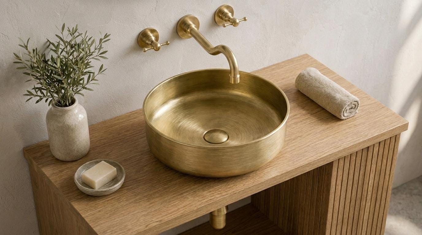 Brass Vessel Sink, Round Brass Bathroom Sink, Modern Countertop Vanity Basin, Handmade Solid Brass Wash Basin,Moroccan Style Wash Basin - Mettlemix