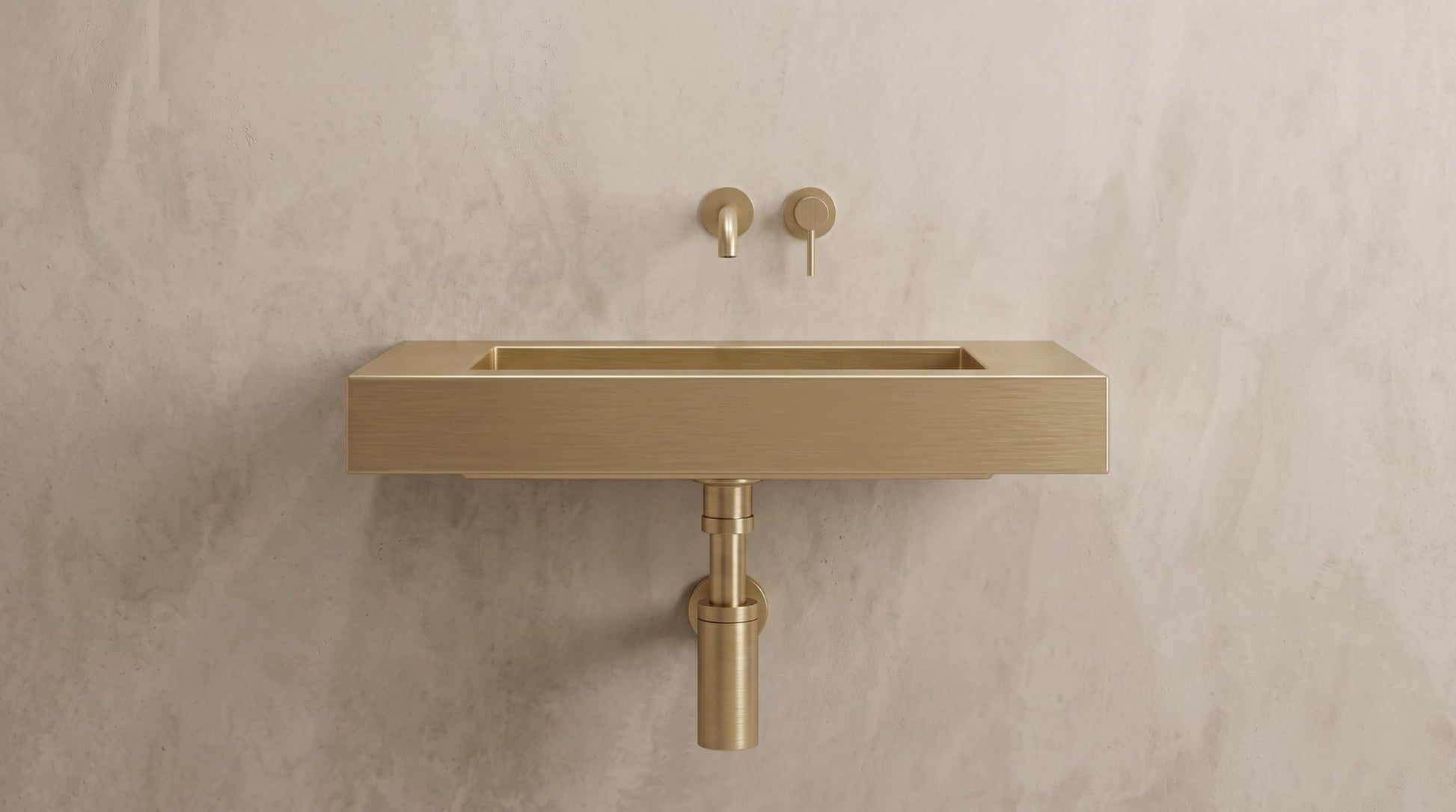 Brushed Brass Wall Mounted Sink, Handmade Rectangular Bathroom Basin, Luxury Powder Room Sink With Faucet and Bottle Trap - Mettlemix