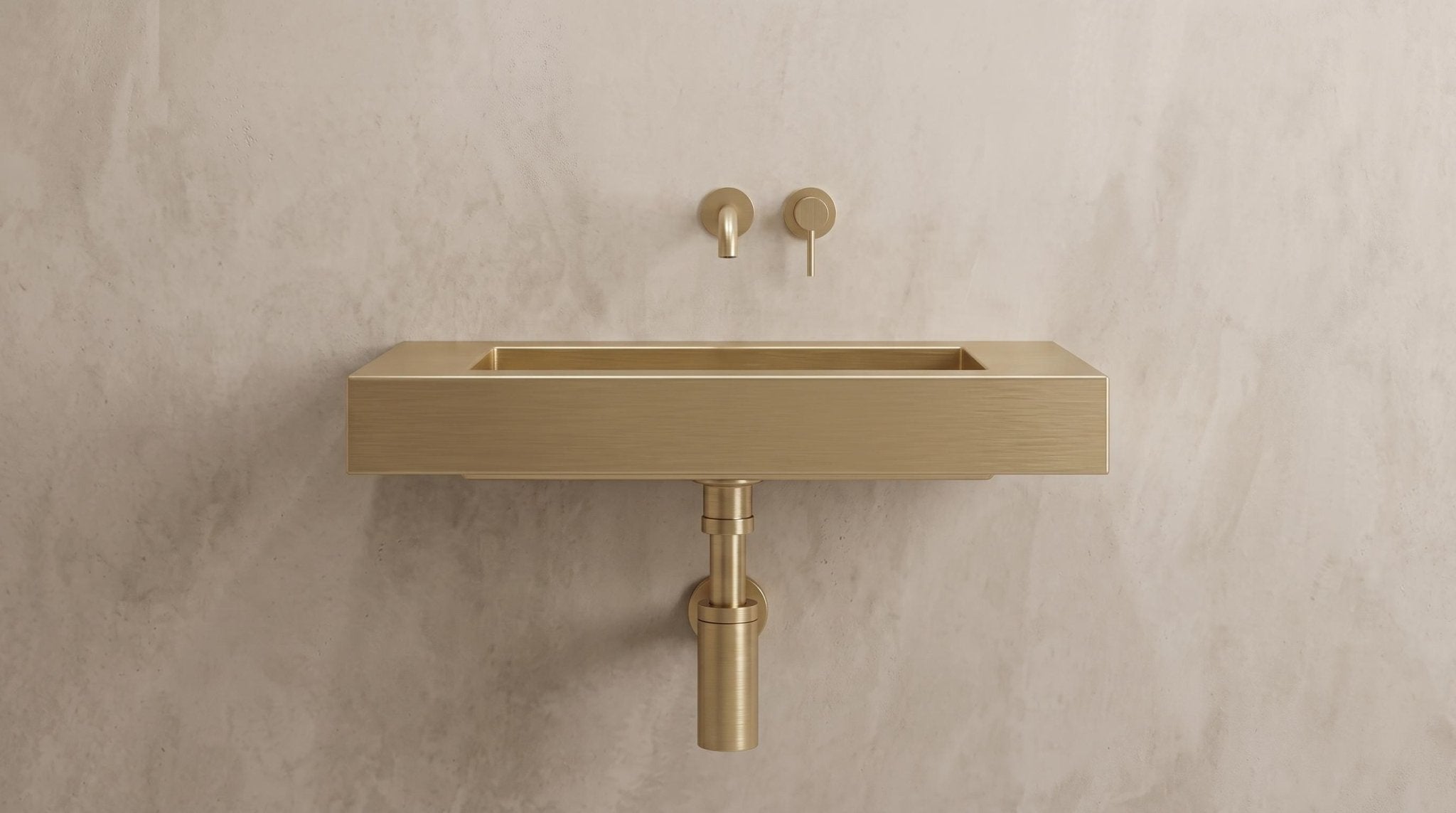 Brushed Brass Wall Mounted Sink, Handmade Rectangular Bathroom Basin, Luxury Powder Room Sink With Faucet and Bottle Trap - Mettlemix