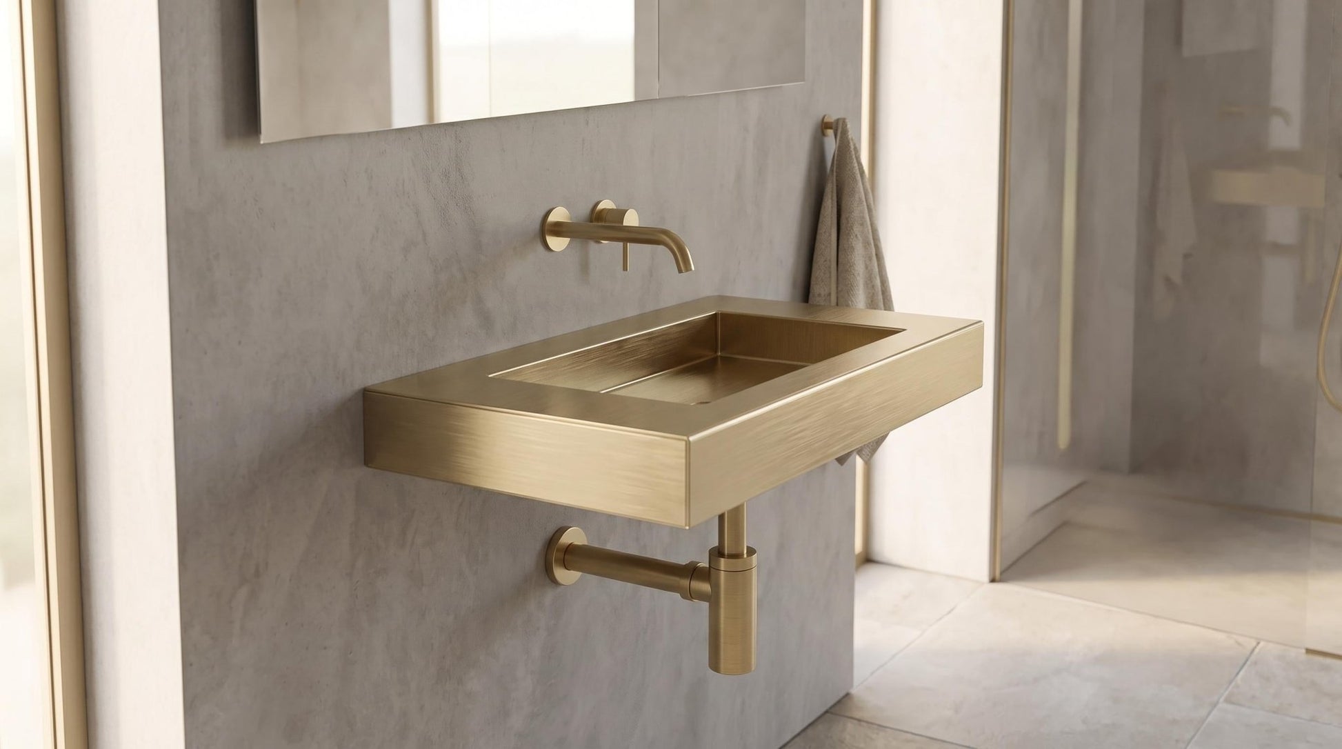 Brushed Brass Wall Mounted Sink, Handmade Rectangular Bathroom Basin, Luxury Powder Room Sink With Faucet and Bottle Trap - Mettlemix