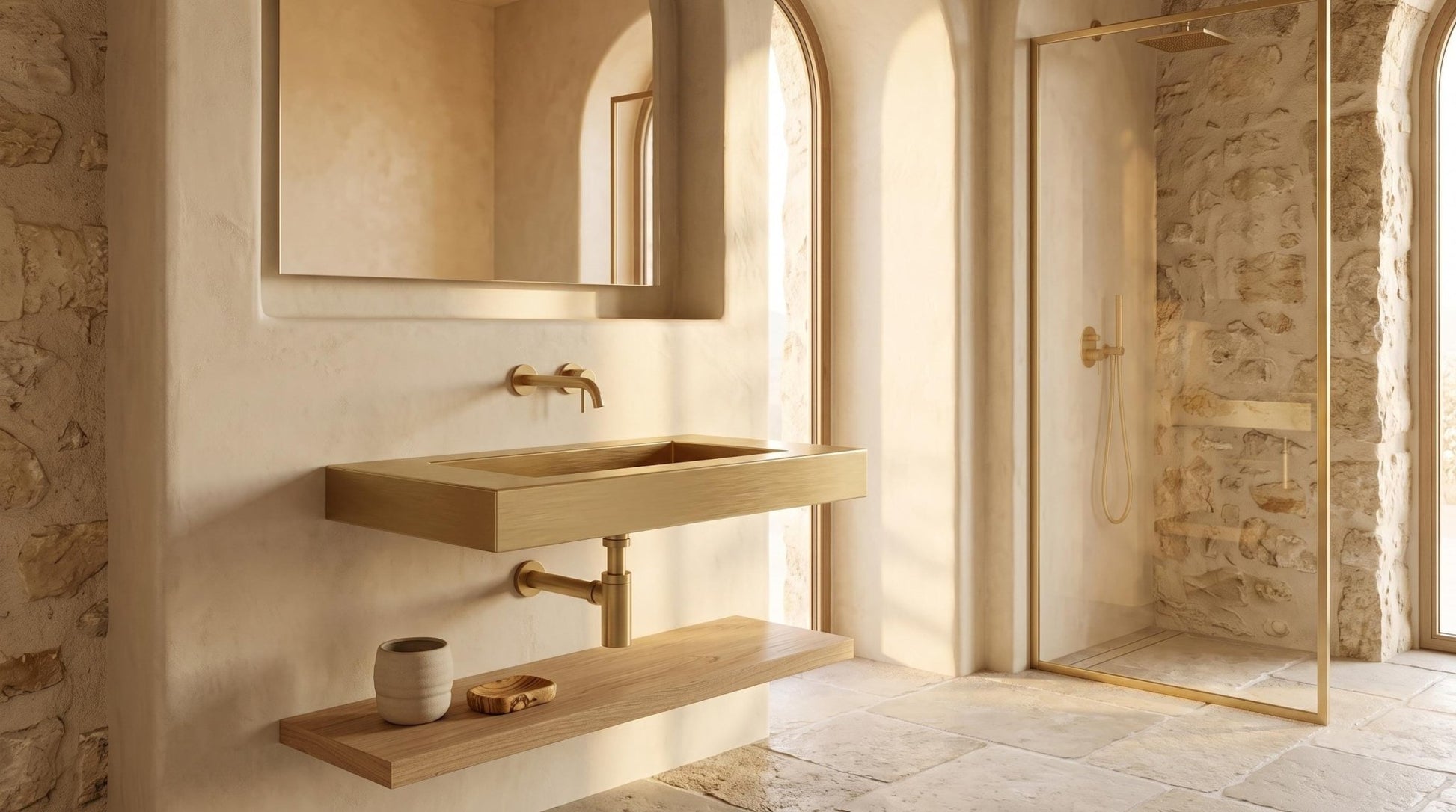 Brushed Brass Wall Mounted Sink, Handmade Rectangular Bathroom Basin, Luxury Powder Room Sink With Faucet and Bottle Trap - Mettlemix