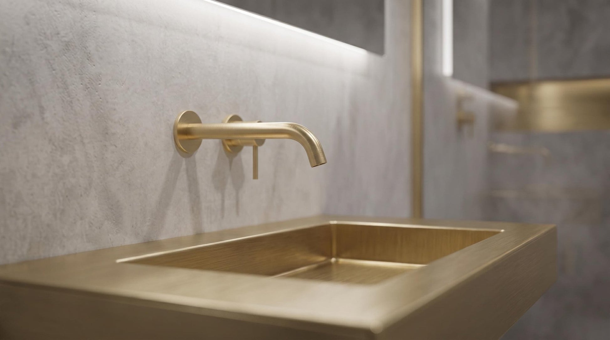 Brushed Brass Wall Mounted Sink, Handmade Rectangular Bathroom Basin, Luxury Powder Room Sink With Faucet and Bottle Trap - Mettlemix