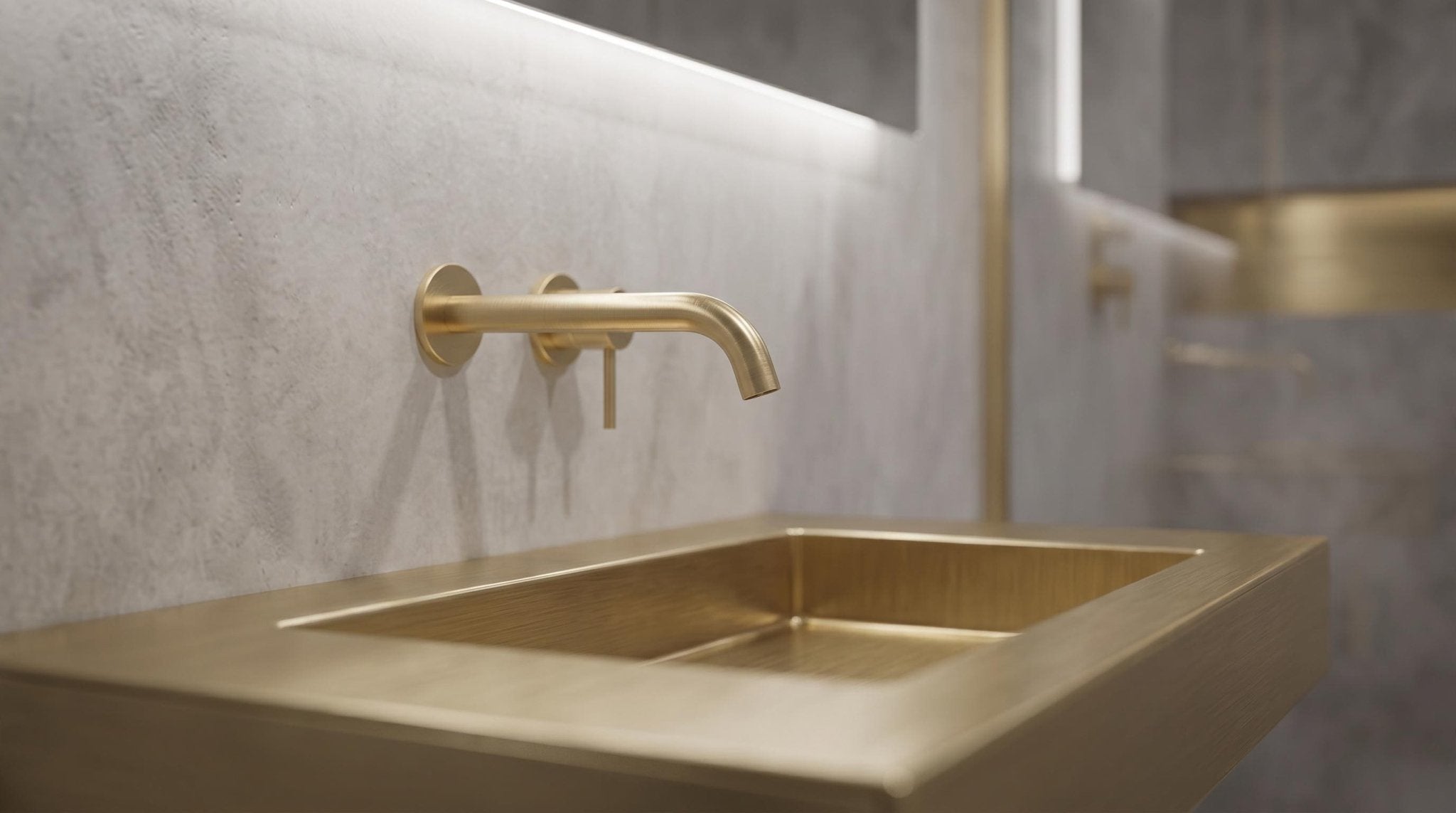 Brushed Brass Wall Mounted Sink, Handmade Rectangular Bathroom Basin, Luxury Powder Room Sink With Faucet and Bottle Trap - Mettlemix