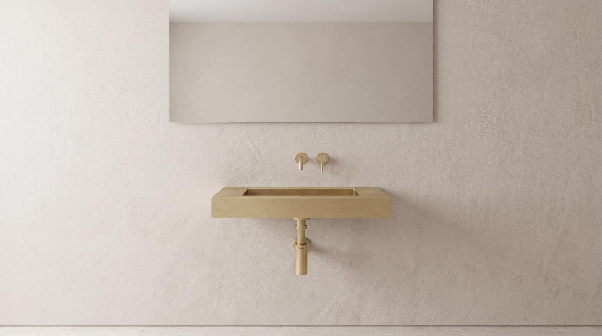 Brushed Brass Wall Mounted Sink, Handmade Rectangular Bathroom Basin, Luxury Powder Room Sink With Faucet and Bottle Trap - Mettlemix