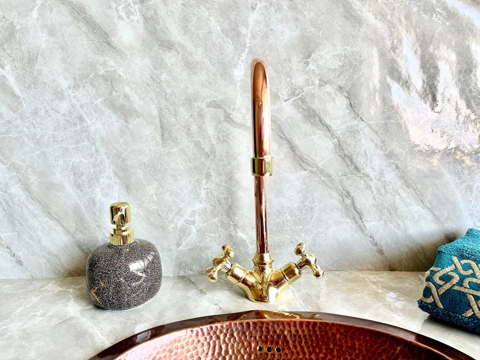Copper & Brass Gooseneck Faucet - Single Hole Mixer with Cross Handles - Mettlemix