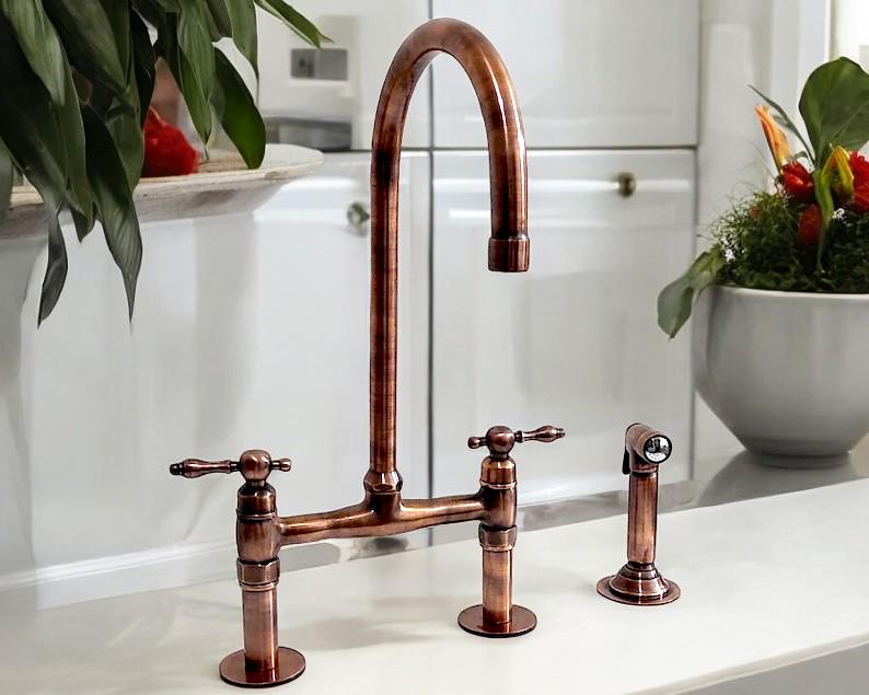 Copper Bridge Kitchen Faucet with Linear Legs - Sprayer & Filter Tap - Mettlemix